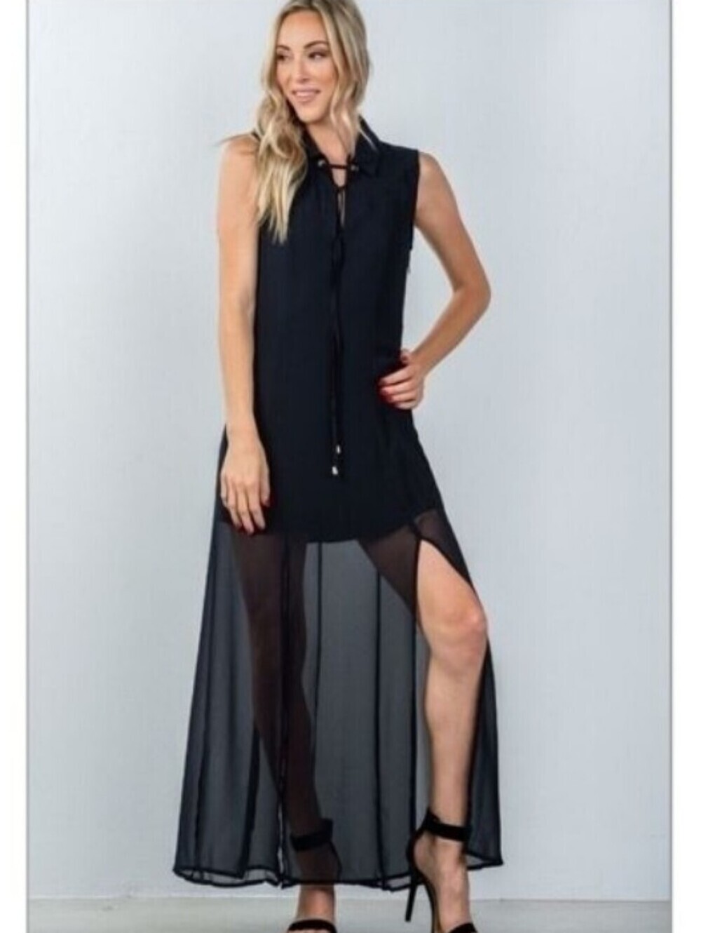 Lulu's Honey Punch Navy Sleeveless Sheer Tie Neck Front Slit Maxi Dress
